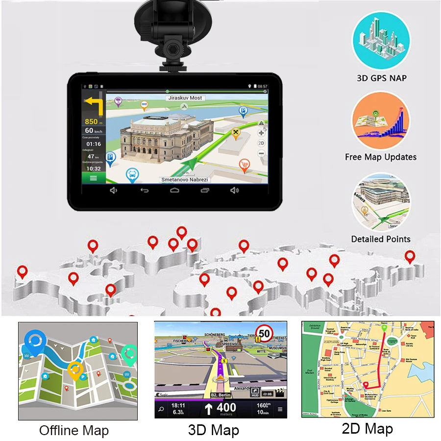 7 Inch Car Android GPS Navigation with Dash Cam BT AVIN Wifi Automobile with Rear View Camera Navigators Eu Spain France Map