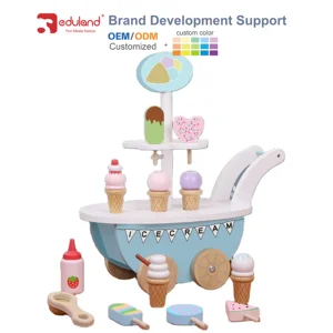 Children Simulate  Ice Cream Truck  Wooden Toddler Cart Dessert Cart Wood Toy