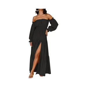 Women's Boho Sexy Solid Woven Chiffon V-neck Maxi Dress Long Sleeve Natural Waist Side Split Flowy Tiered Vintage Casual