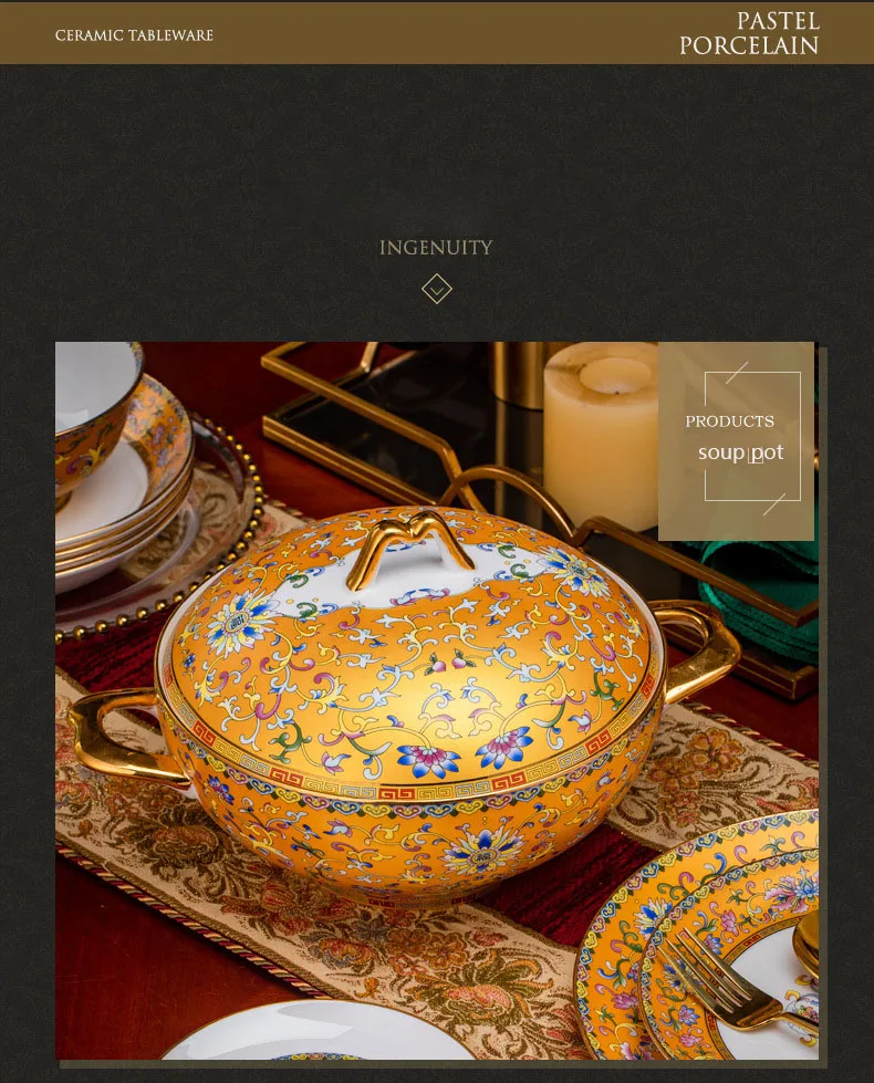 Chinese Style 80pcs Cookware Gold Enamel Series Tableware Set Bone China Bowls and Plates Porcelain Dinner Set