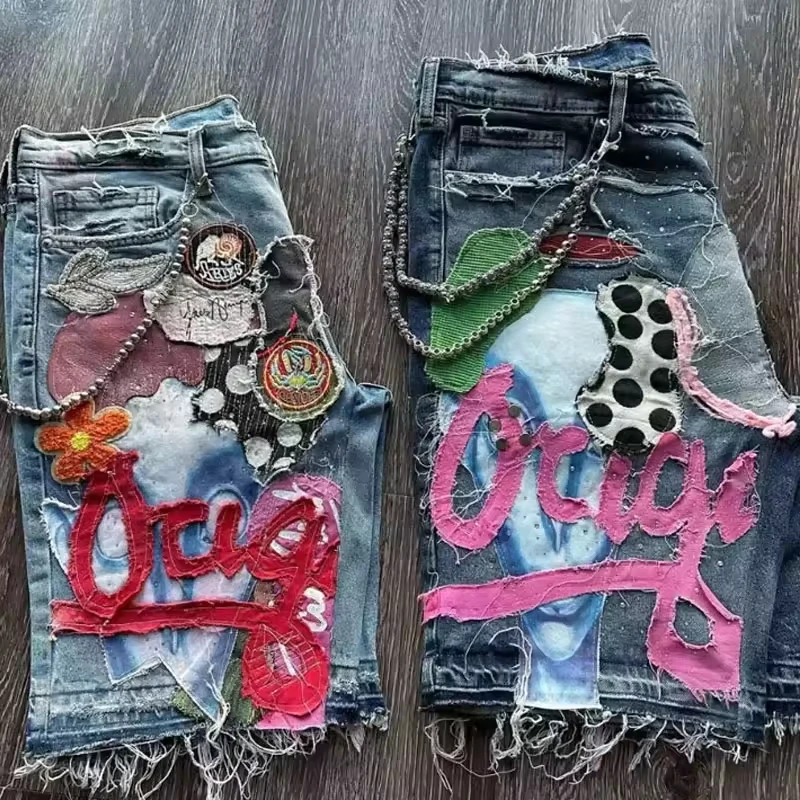 Salati Streetwear Summer Acid Washed Shorts Men Custom Jeans Vintage Pour Hommes Applique Jorts