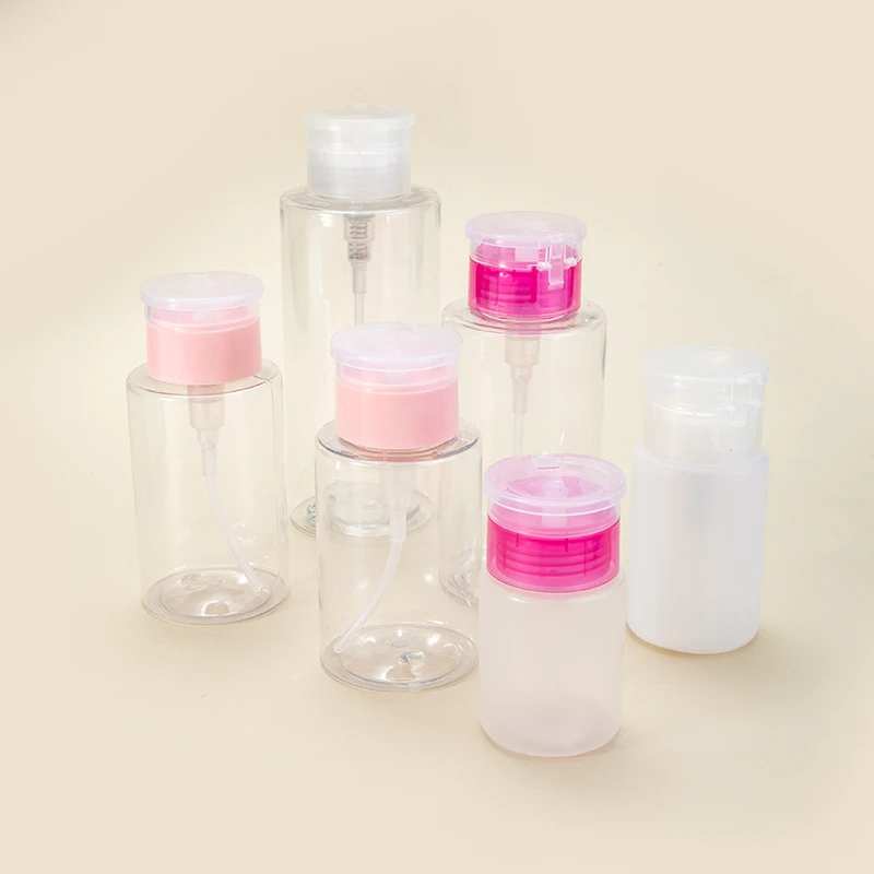 Oem 100ml 150ml Empty Transparent PET Make up Remove Bottle Pump Dispenser Bottle for Nail Polish supplier