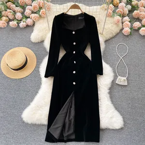 Autumn Square Collar Velvet Casual Dress Women High Waist Midi A-Line Dress Ladies Elegant Dresses Clothes Women Wholesale