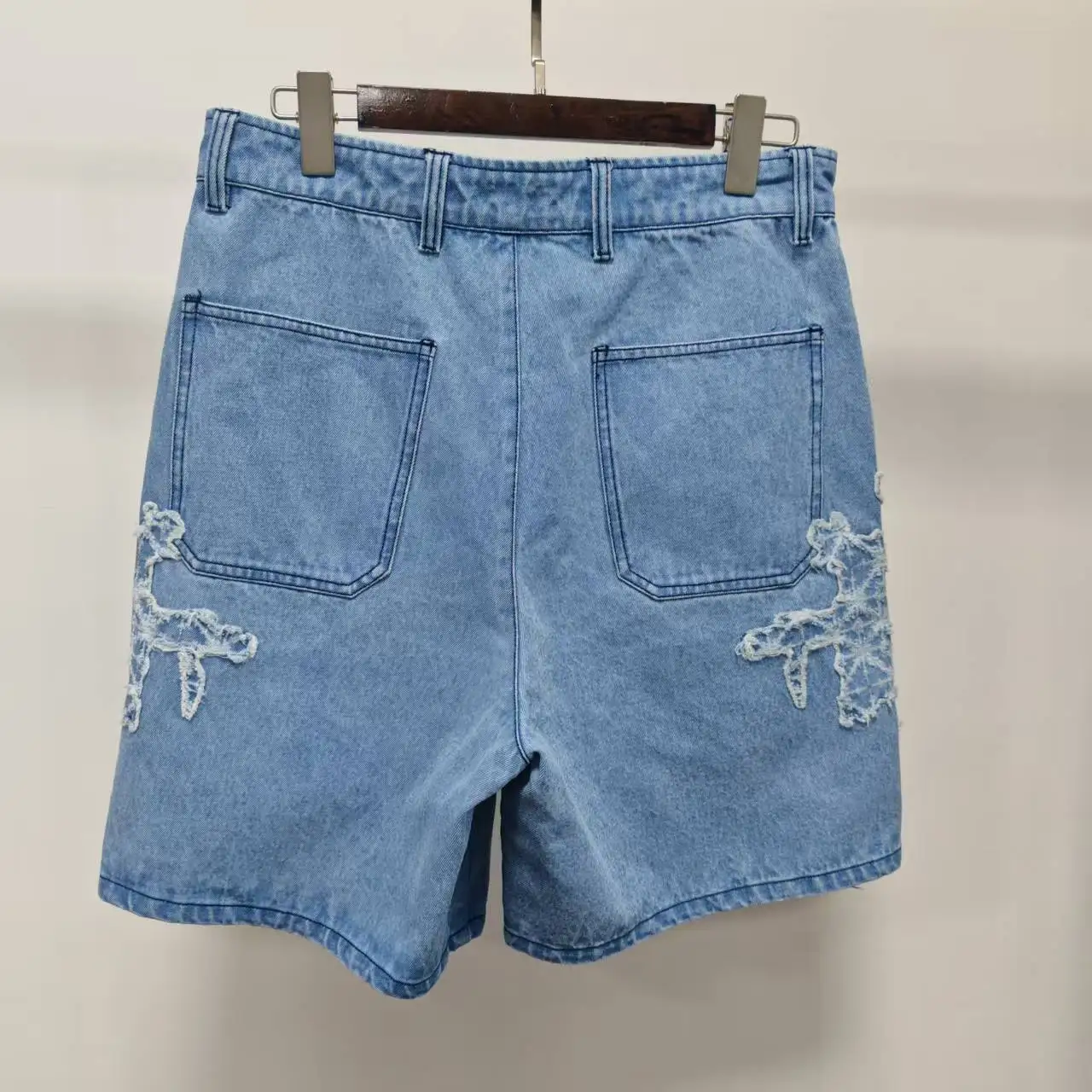 Wholesale Custom Logo Light Blue Cotton Denim Embroidered Distressed Baggy Wide Leg Streetwear Summer Wear Men Denim Shorts gallery 2