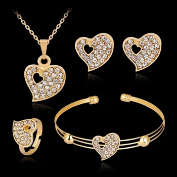 Gold plated crystal heart cuff bracelet earrings necklace ring bridal women accessories dubai jewelry sets jewellery