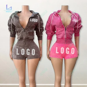 Huili Custom Logo Cotton French Terry Zip up Hooded Jacket Custom logo Activewear Two Piece Hoodies and Shorts Set for Women