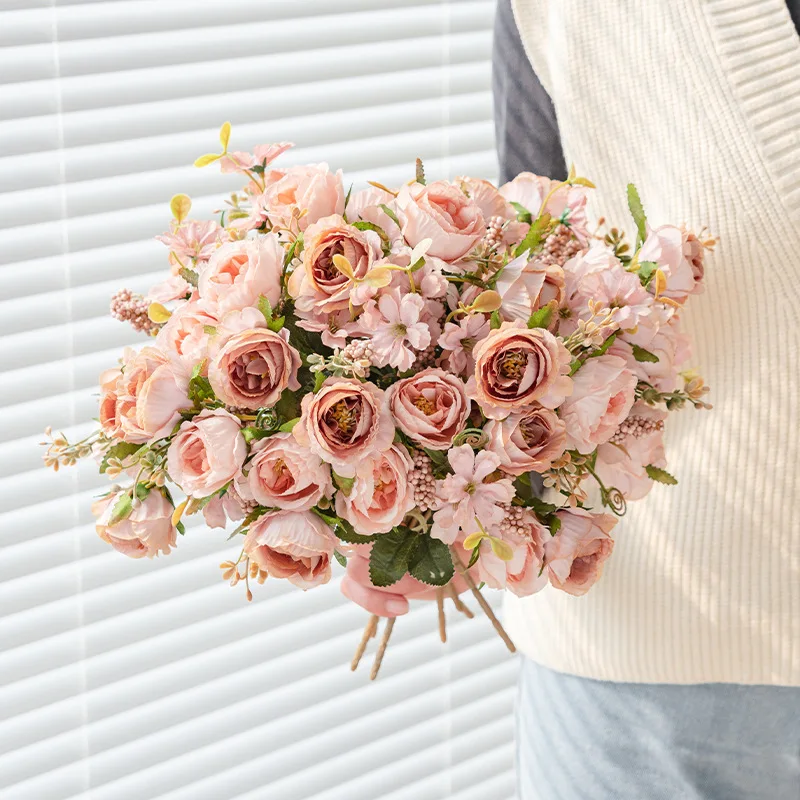 Small Single Pomegranate Rose Artificial Silk Flower Arrangement Bionic Flower Ornament Bamboo Bouquet Decorative Chopping Block