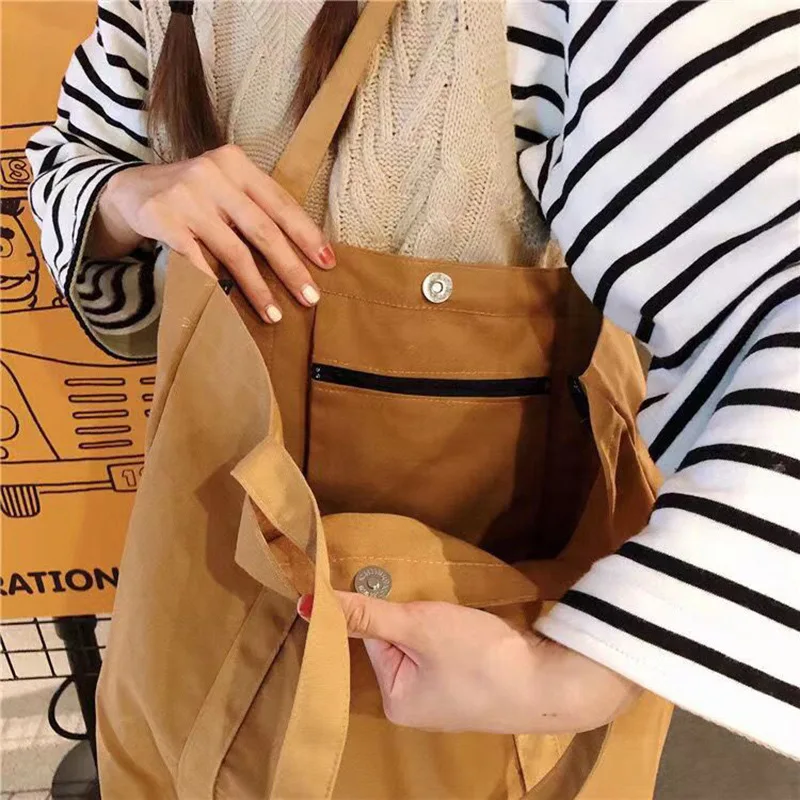 Wholesale Custom Printed Logo Simple Solid Color Shoulder Canvas Cotton Shopping Tote Bag With Woven Label