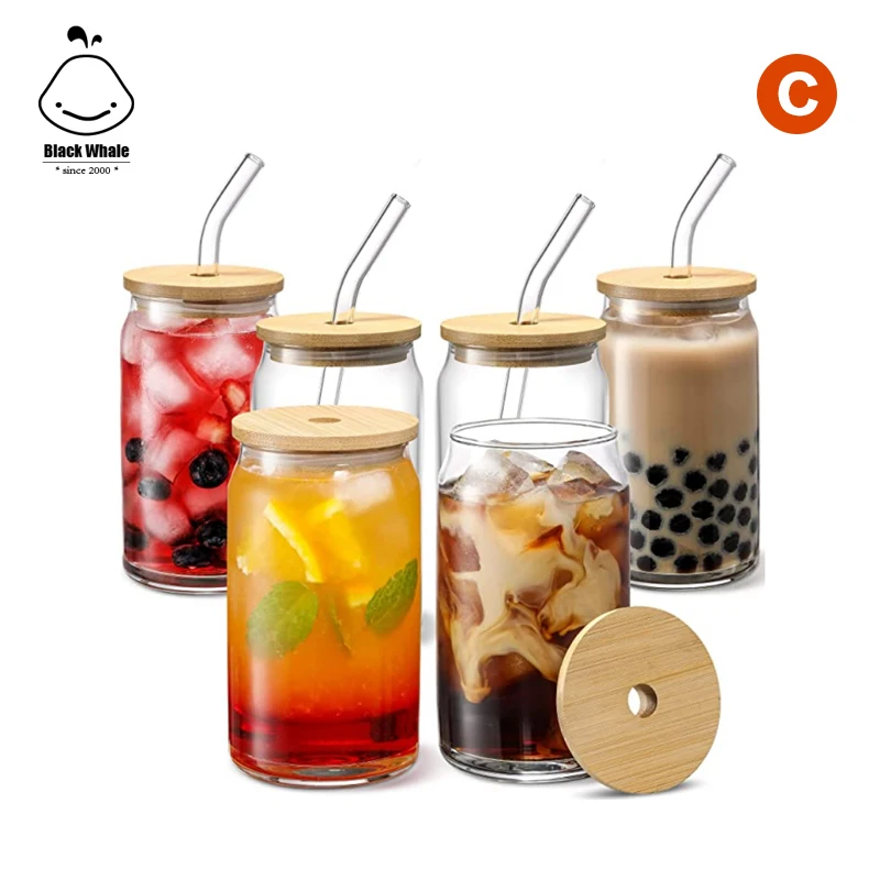 2 Cup Set Cute Glass Mason Jar Boba Cups Set with Bamboo Lids and Eco  -Buddha Bubbles Boba Inc.