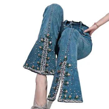 boot cut woman jeans pants with decoration for beading and diamond