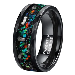 Coolstyle Jewelry 8mm Black Hammered Tungsten Ring for Men Women Real Meteorite Galaxy Opal Inlay Engagement Wedding Band