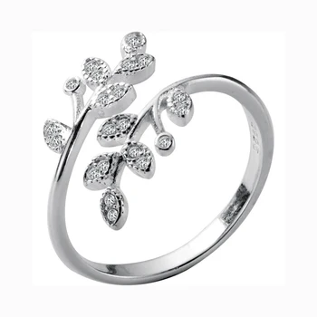 In Stock Fine Jewelry 925 Sterling Silver Gold Plated Crystal Leaf Rings Adjustable Open Ring