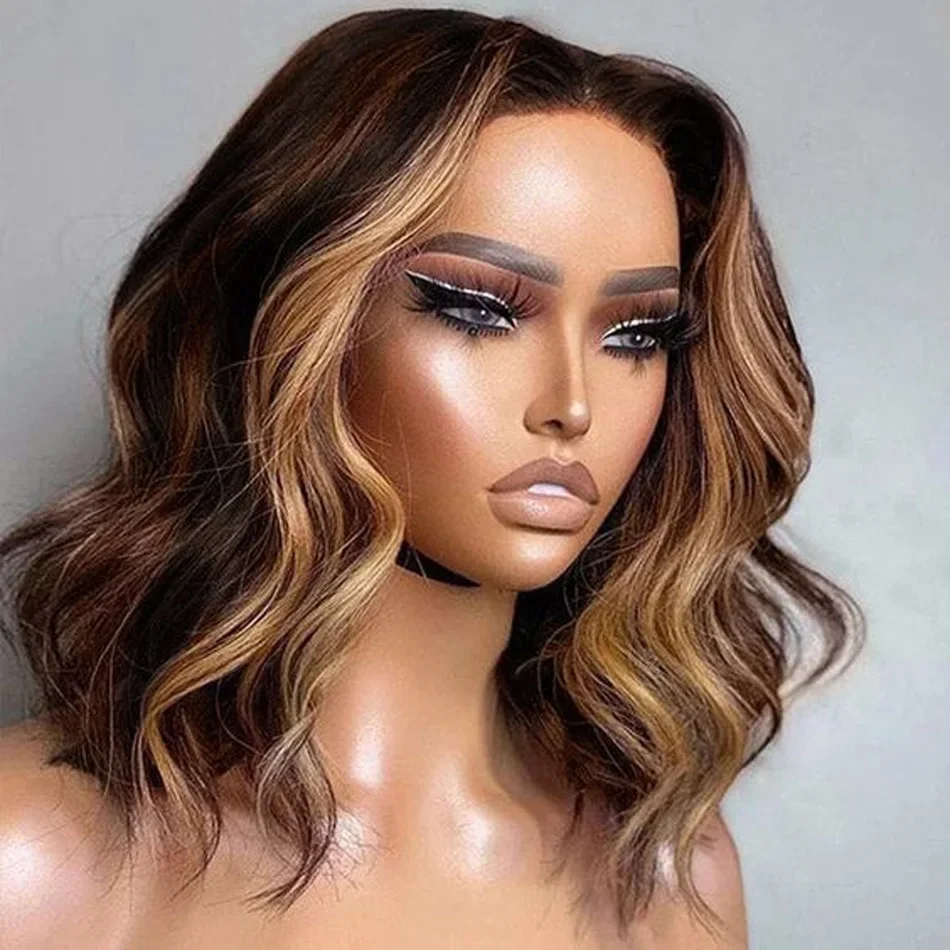 Short Bob Human Hair Wig With Lace Front Highlight Body Wave Style_voghion.com