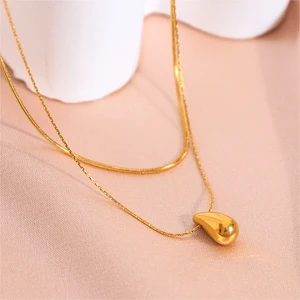 CLASSIC Real 18K Gold IP Plated Stainless Steel Jewelry Vintage Double Layer Chain WaterDrop Pendant Necklace for Women Necklace