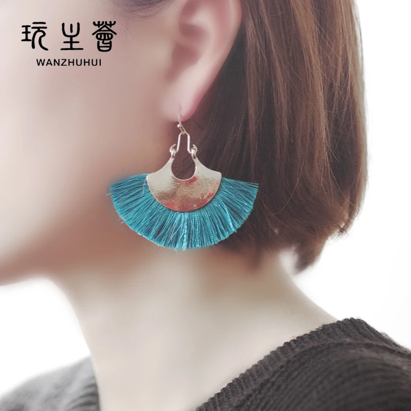Bohemian style fan-shaped tassel dangle earrings jewelry