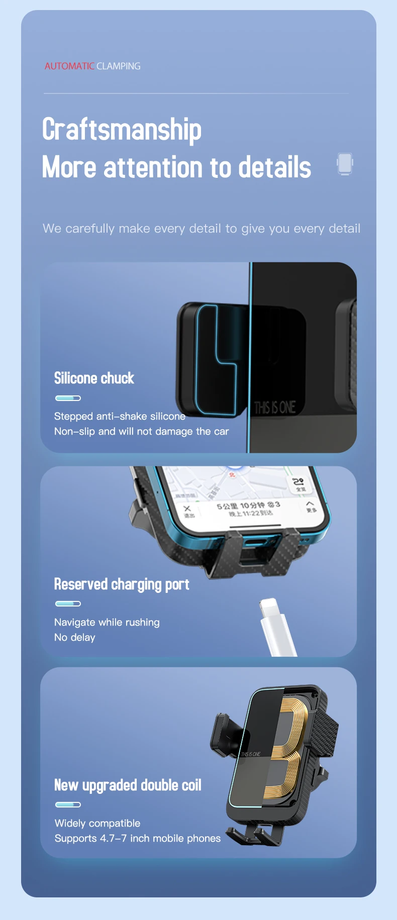 Aluminum Alloy iPhone Wireless Charger with 12-24V Voltage and FOD Automatic Recognition for Hands-Free Car Use