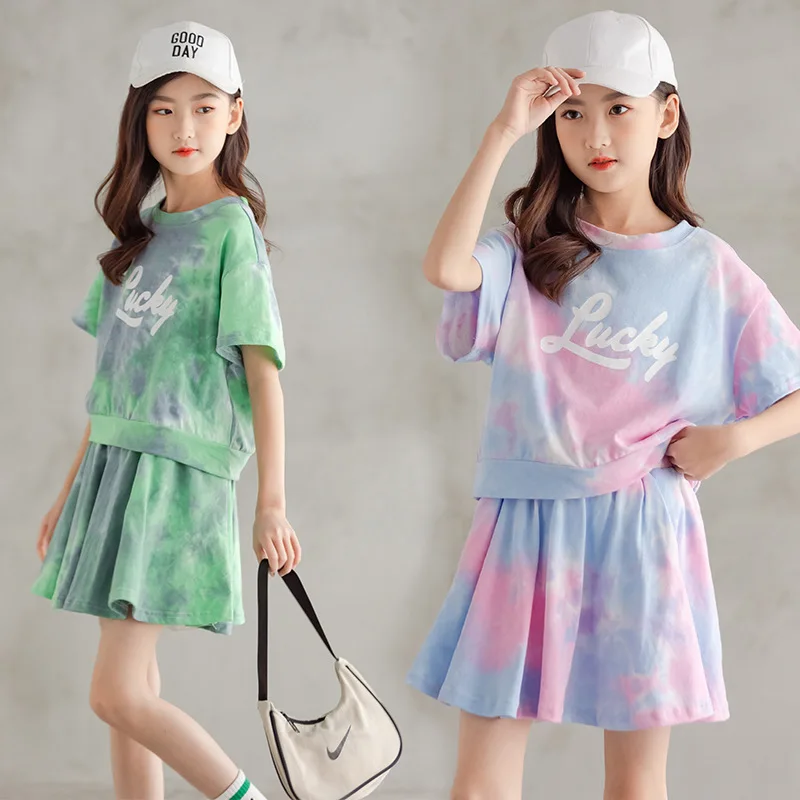 Girls Summer Suit 2023 Kids Short Sleeve Top +skirts 2pc Skirt Set