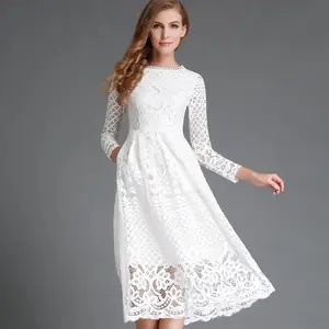 AE20260503 Women's Casual Lace Dress Floor-Length White Dress with Natural Waistline for Daily Work Woven and Plain Dyed