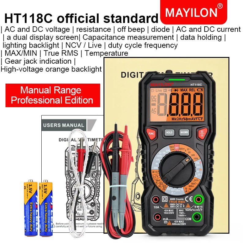 MAYILON Digital Multimeter NCV Voltage Capacitance Frequency Transistor Tester 1000V AC DC Ohm True RMS Multi Meter HT118C