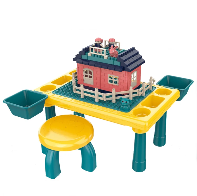 76pcs Plastic Large Particle Building Block Table Toys Set DIY Assembly Kindergarten Play Game Desk with Chair and Case