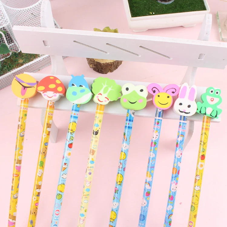 Low Moq Custom Engraved Printed Round Wooden Pencil With Animal Eraser Kawaii Kids Fancy Cartoon Pencils Sets for Children