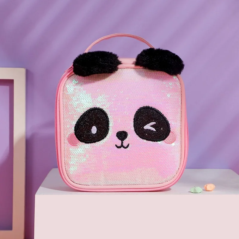 JANHE Women Glitter Sequin Panda Cartoon Cute Square Cosmetic Beg Travel Make Up Pouch Toiletry Box  Makeup Clutch Bag For Girls