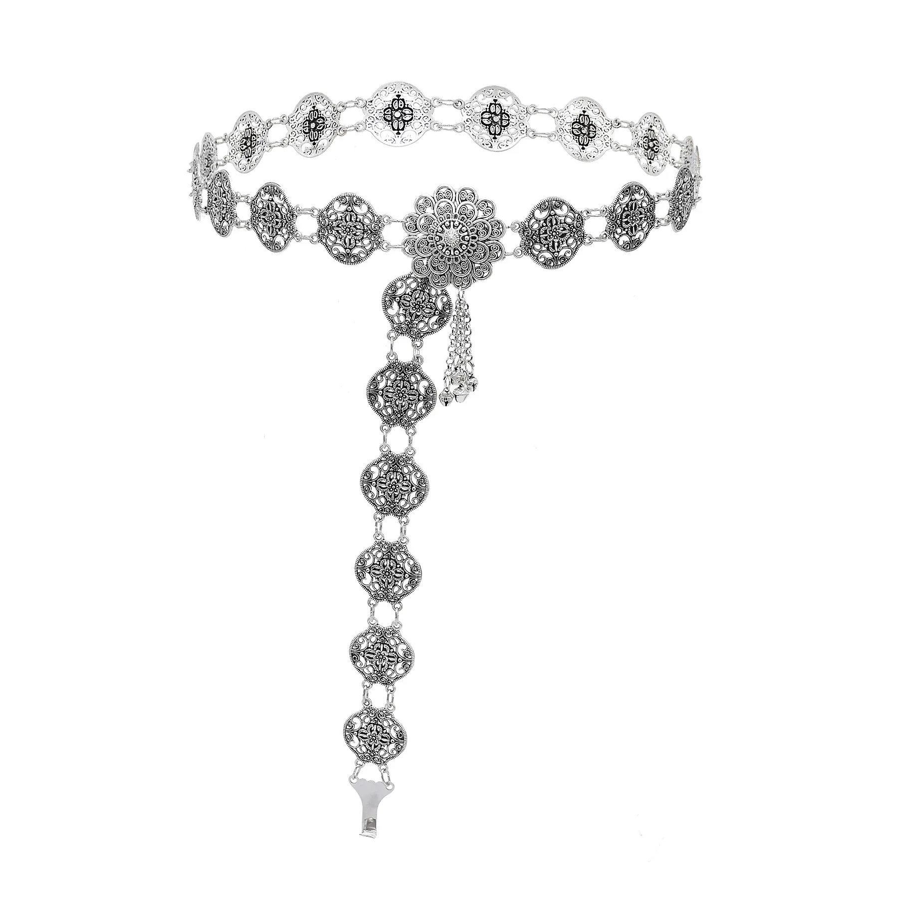Bohemian Silver Plated Carved Flower Bell Tassel Dance Waist Chain