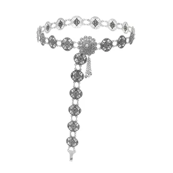 Bohemian Silver Plated Carved Flower Bell Tassel Dance Waist Chain