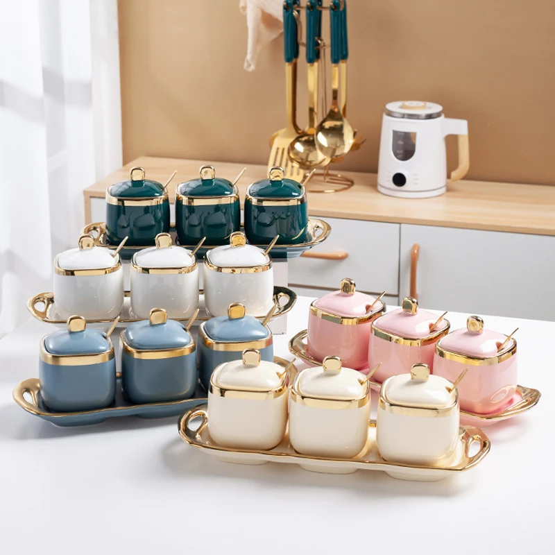 Ceramic Kitchen Storage Seasoning Box Set Porcelain Salt /Sugar Spice  Pepper Spice Jars Sets