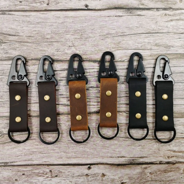Customizable Vintage Keyring Chain Loop Genuine Leather Car Key Ring Hook Outdoor Tactical EDC Clip Keychains Belt Key Holder
