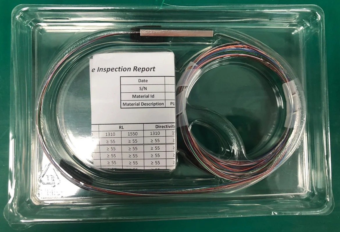 1x32 Planar Lightwave Circuit Splitter with input bare fiber, scattered ribbon fiber 1.9m pigtail without connector PLC Splitter