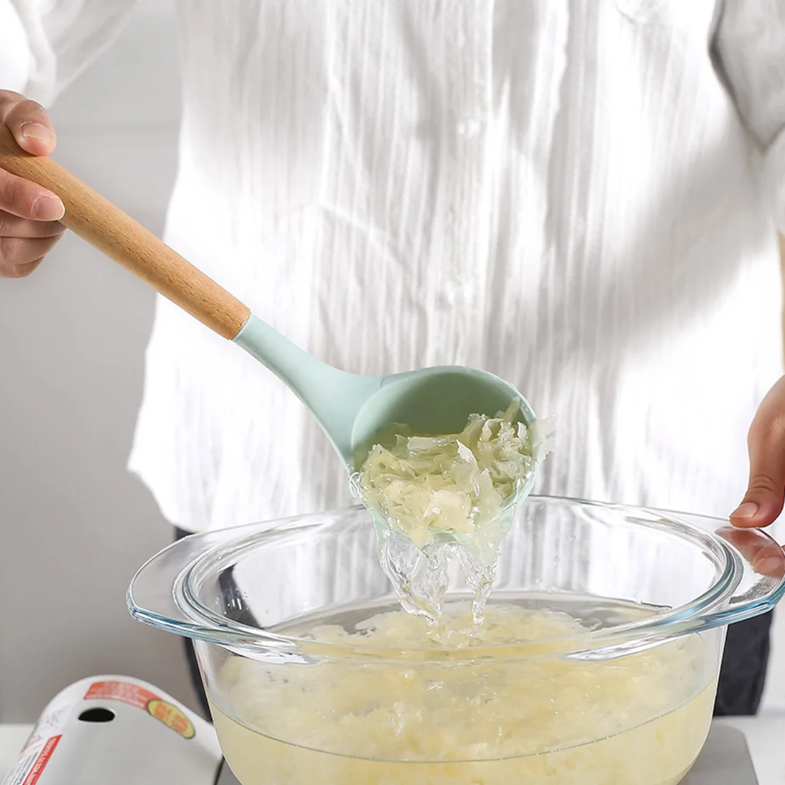 Термостойкая антипригарная ложка-Тернер, кухонные инструменты с деревянной ручкой, набор из 12 силиконовых кухонных принадлежностей