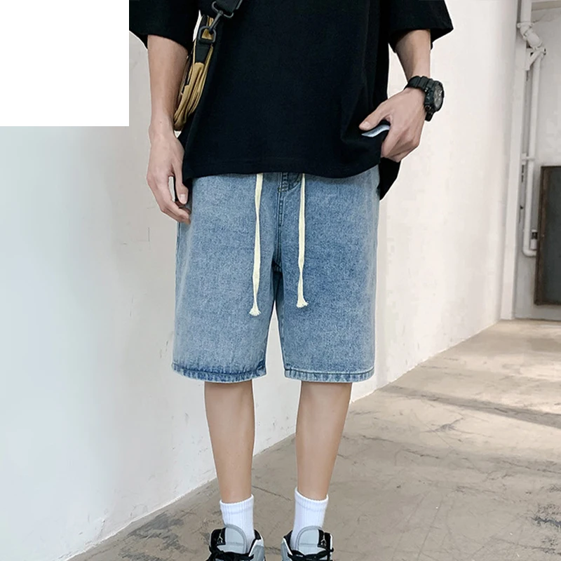 Herren Trendy Denim Shorts Sommer Neue Herren Elastische Taille Hellblau Lose Gerade Jeans Kurze pants139_voghion.com