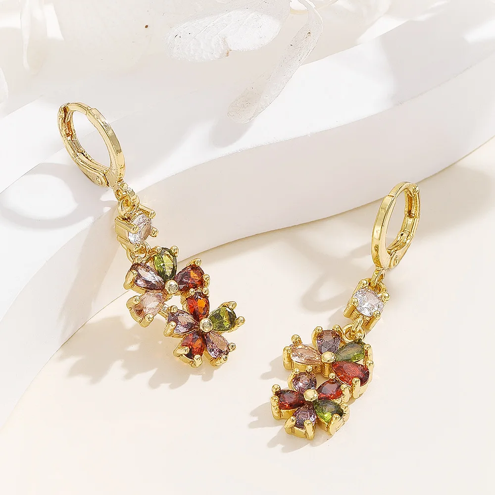 Exquisite Retro Brass Earrings with Colorful Zircon