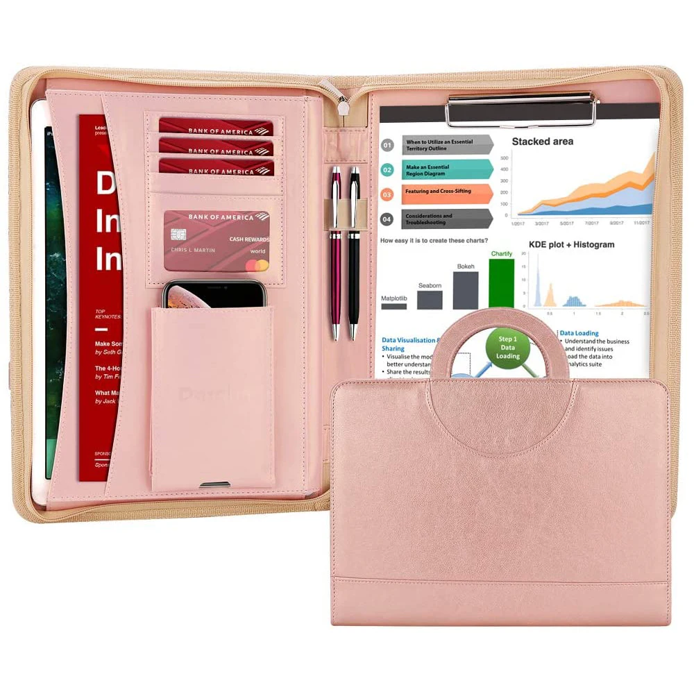 Pink color pu leather A4 Size business presentation folder portfolio personalized padfolio for women