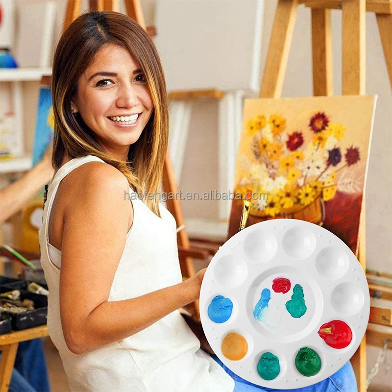 thumbnail image 2 of 12-Pack Round Plastic Paint Palettes – 10 Wells & Central Mixing Area For Acrylic, Watercolor, Oil Paints 2 of 9