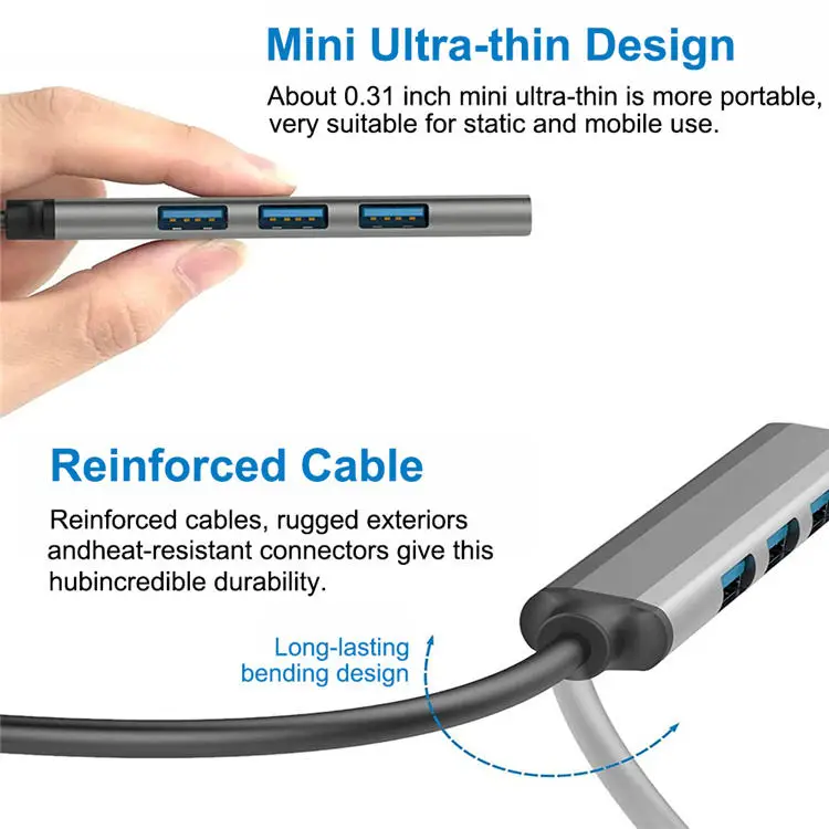 UNIEAN Wholesale 4 in 1 Type C Aluminum HUB 5Gbps High Speed USB HUB 3.0 4 Ports Adapter for Desktops PC to Laptop