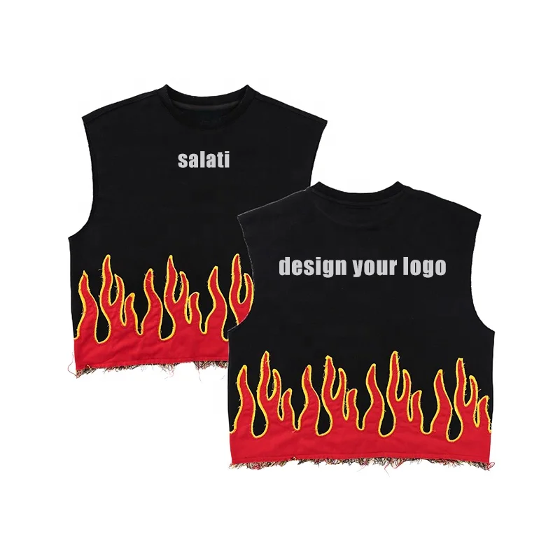 Men's Shirts Custom 3D Reflective Print Flame Graphic Raw Hem French Terry Cut and Sew Cotton Sleeveless Cropped Tshirts T-shirt gallery 3
