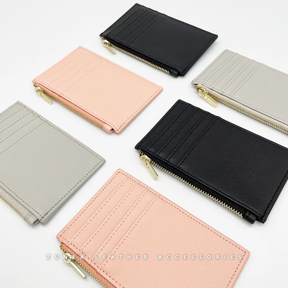 Multi Card Slots Zipped Leather Small Card Holders Saffiano Leather Zip Cardholder Wallet
