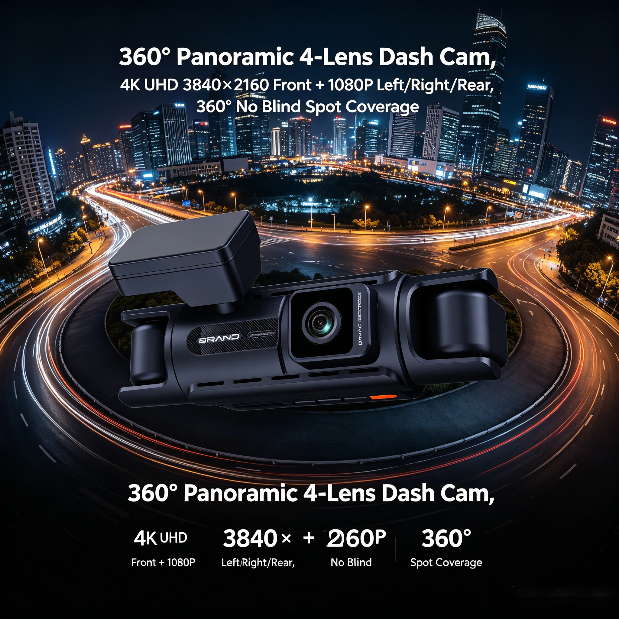 VS225 360° Panoramic 4 Channel Dash Cam Car DVR 4K UHD Front + 1080P Left/Right/Rear No Blind Spot Coverage Fit for Most Cars