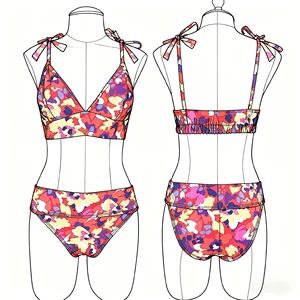 New Trend Women's Two Piece Floral Bikinis Triangle Crop Top Tie Shoulder Straps Vibrant Bold Floral Pattern Custom Logo Bikini