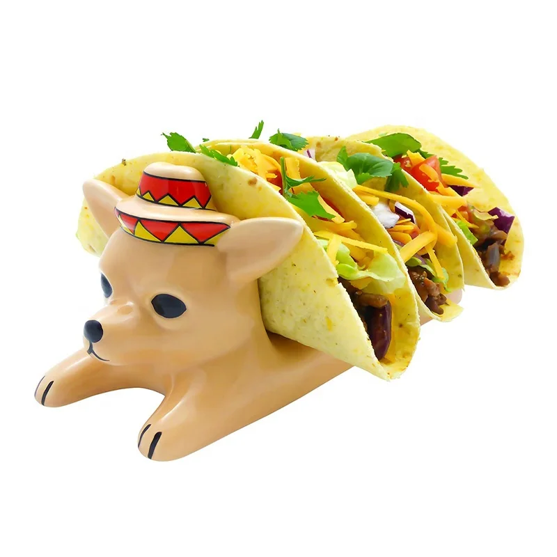 Custom Tabletop Dining Decor Taco Stand Rack Server Serving Tray Plate 3 Slot Ceramic Cute Chihuahua Dog Shaped Taco Holder