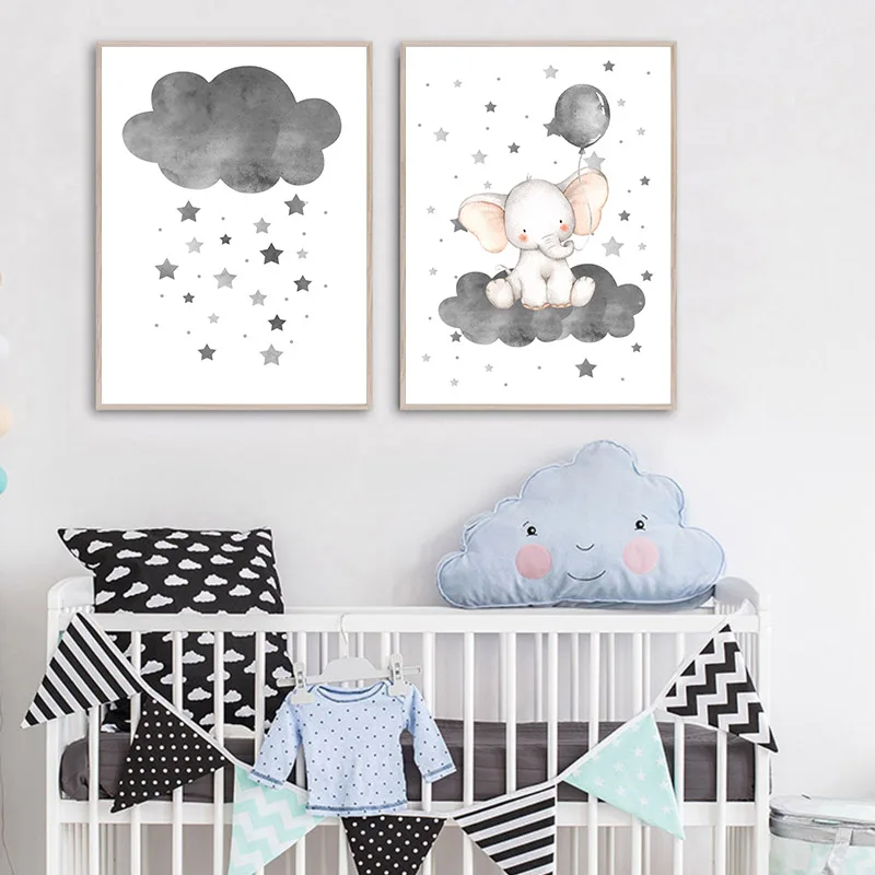 Details about   Elephant Balloon Cloud Poster Animal Nursery Art Print Canvas Wall Picture 