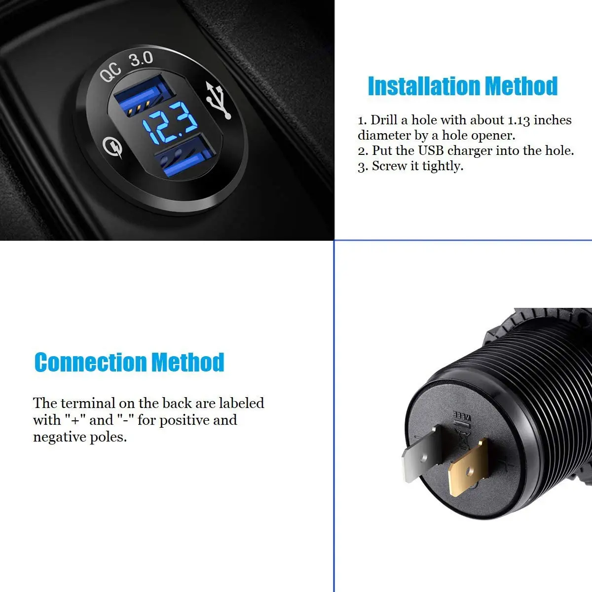 Quick Charge 3.0 Dual USB Charger Socket Waterproof Power Outlet Fast Charge with LED Voltmeter for 12V/24V Car Boat Marine ATV manufacture