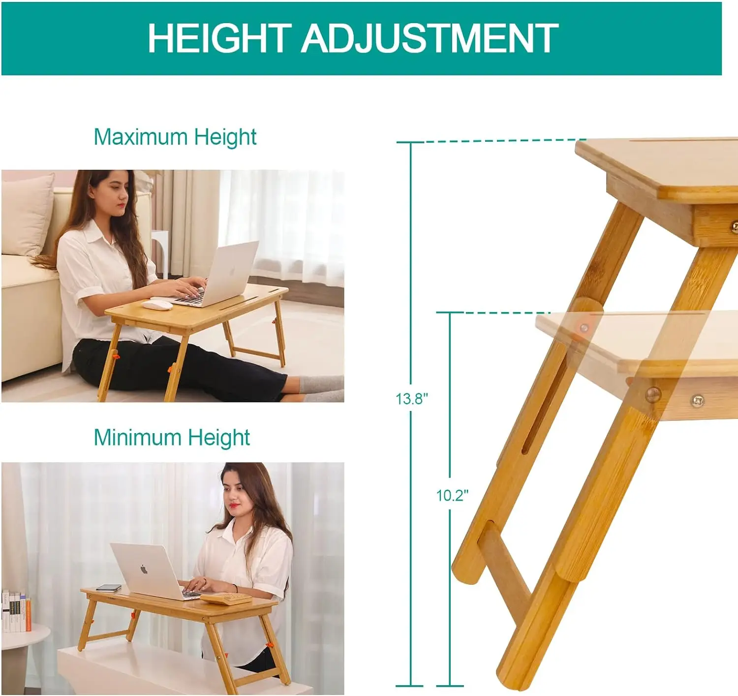 Laptop Table Bed Bamboo Table with Tablet Slot Adjustable Height Angle Foldable Storage Drawer Portable Tray Table Rack