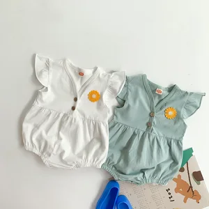 Summer ODM Casual Knitted Seamless Jumpsuit Princess Flying Sleeve Triangle Bodysuit Plain Baby Rompers