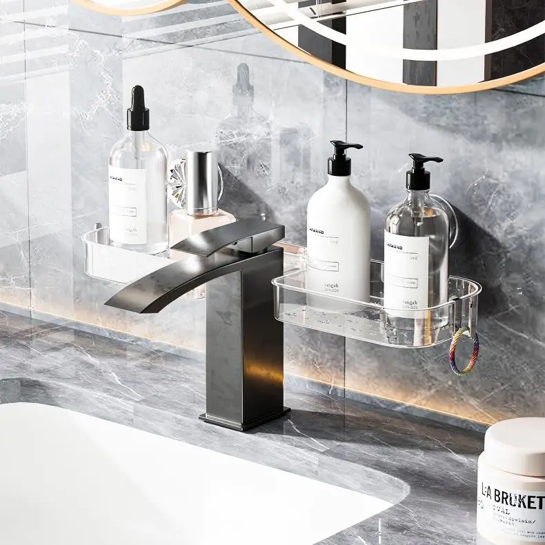 Luxury Triangle Plastic Suction Cup Faucet Storage Rack Non-perforated Seamless Design Removable Wall-Mounted Bathroom Storage