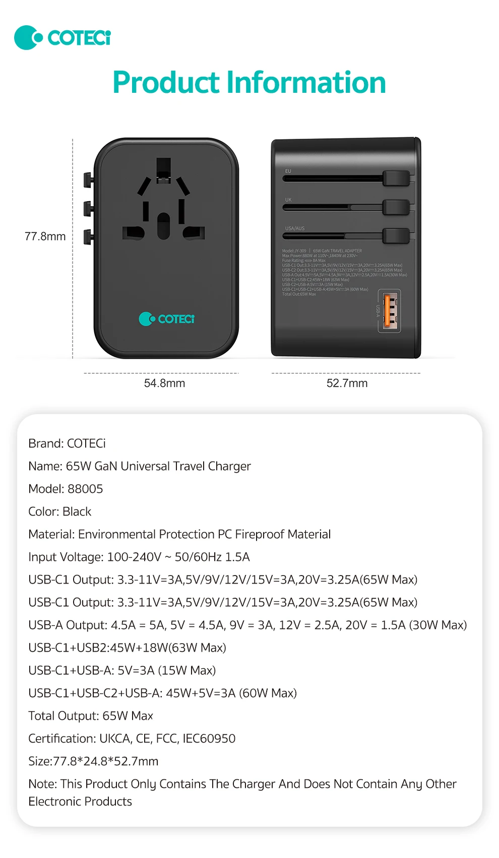 COTECi 65W Fast Charge Gallium Nitride (GAN) Travel Charger Multi-Country Universal Socket US UK EU PD Multifunctional Laptop