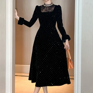 ZYHT 45060 Vintage Winter Tunic Dress for Women Black Midi Formal Party Vestido Velvet Retro Crystal Elegant Long Evening Dress