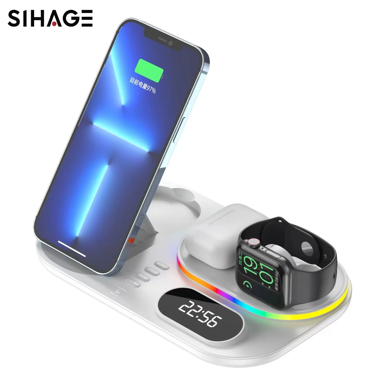 30W RGB LED Multifunctional Wireless Charger 3-in-1 Foldable Magnetic Charger Station with Night Light for iPhone and Samsung